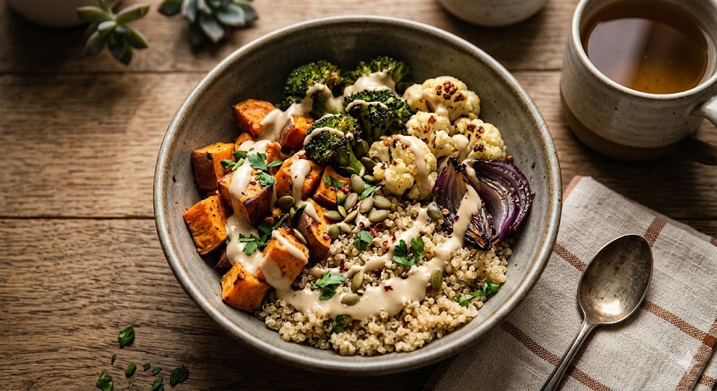 A healthy vegan quinoa bowl featuring roasted sweet potatoes, broccoli, cauliflower, red onion, and pumpkin seeds, drizzled with creamy tahini sauce, served on a rustic wooden table.