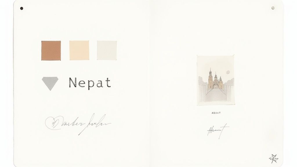 A two-page open notebook spread featuring color swatches, text, a building illustration, and handwritten signatures.