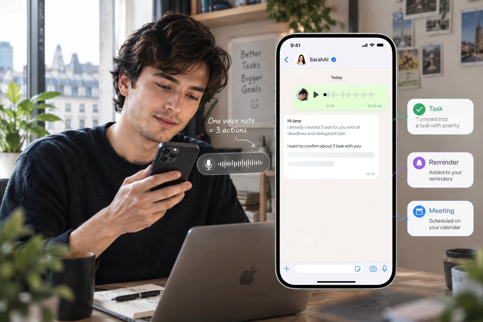 Solopreneur creating tasks reminders and a meeting from a WhatsApp voice note with SarahAI