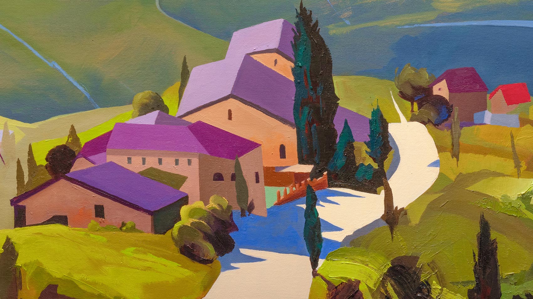 vibrant close up of a tuscan painting, featuring old style homes and cypress trees