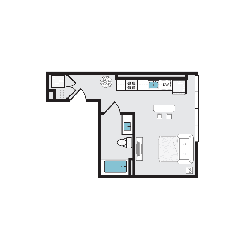 A simple floor plan of a small apartment in Midtown Sacramento. The layout boasts modern living spaces, including a kitchen with appliances, a sun-drenched living area with a sofa, a bedroom with a bed, a bathroom with a toilet and bathtub, and two closets near the entrance.