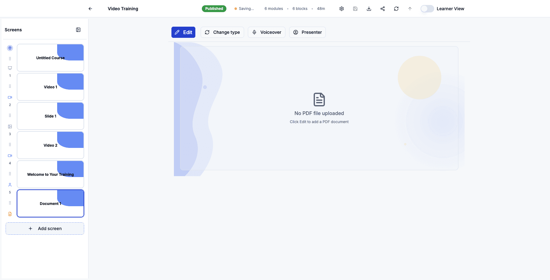Click Add screen to add more interactive learning activities to your course.
