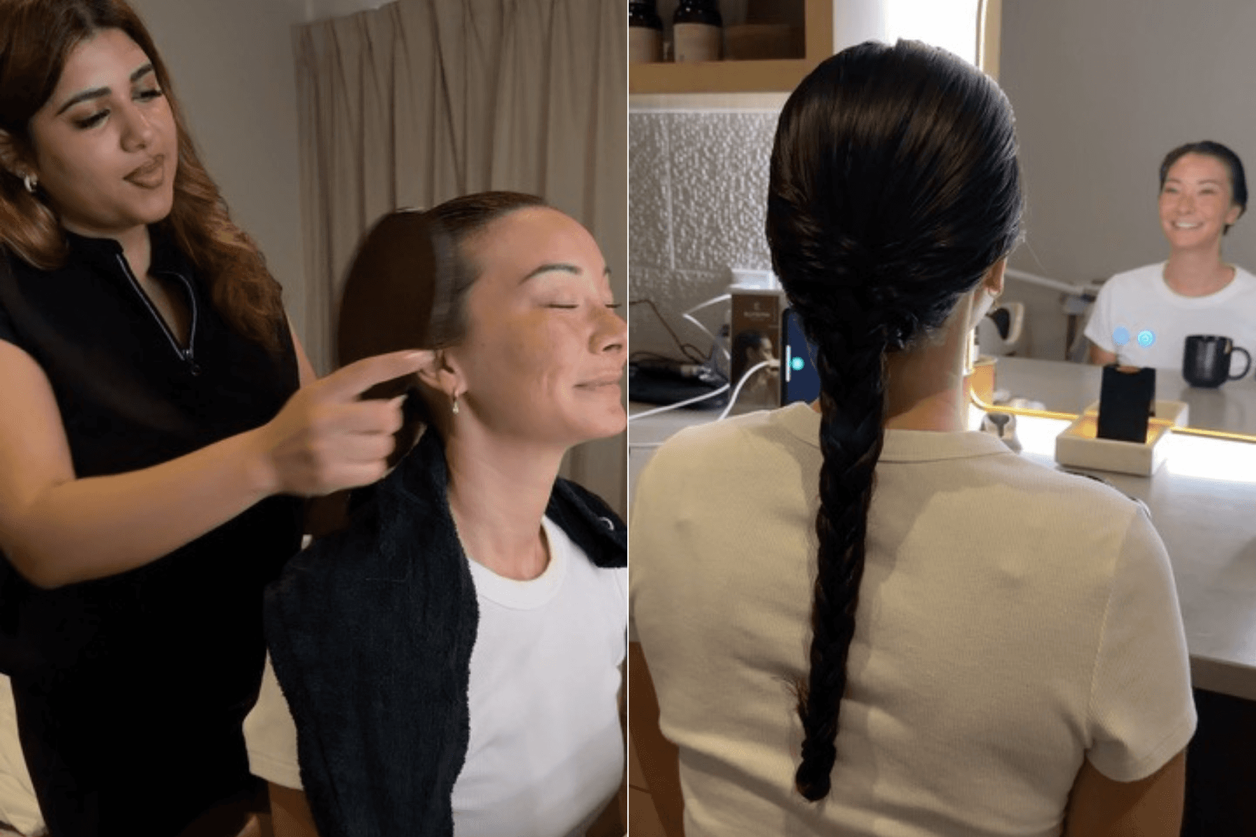 Final steps of woman's head spa treatment in split-photo and on the left, brushing her hair and on the right, her final braid style