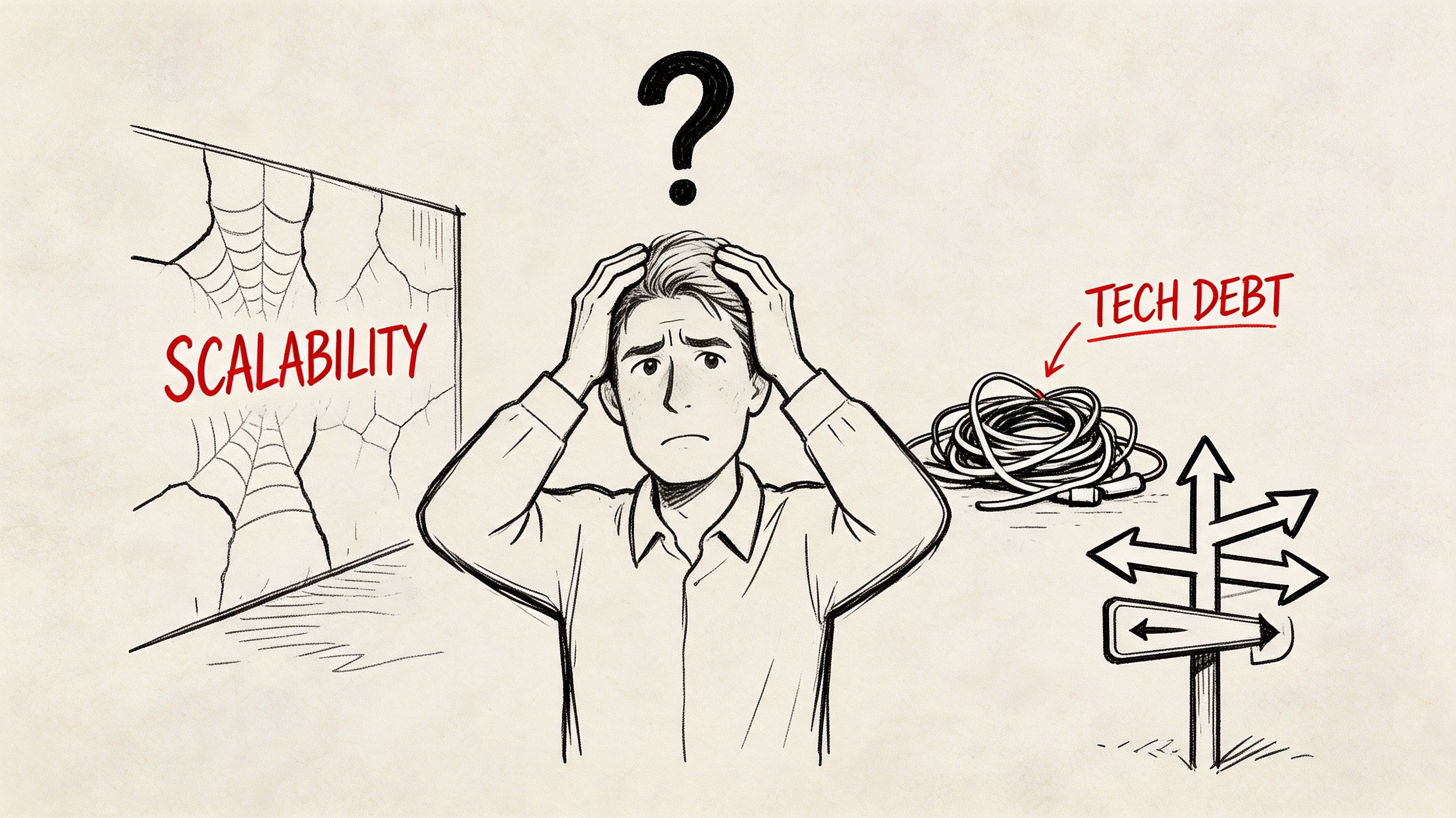 A sketched illustration of a stressed professional facing challenges with scalability and technical debt decisions.
