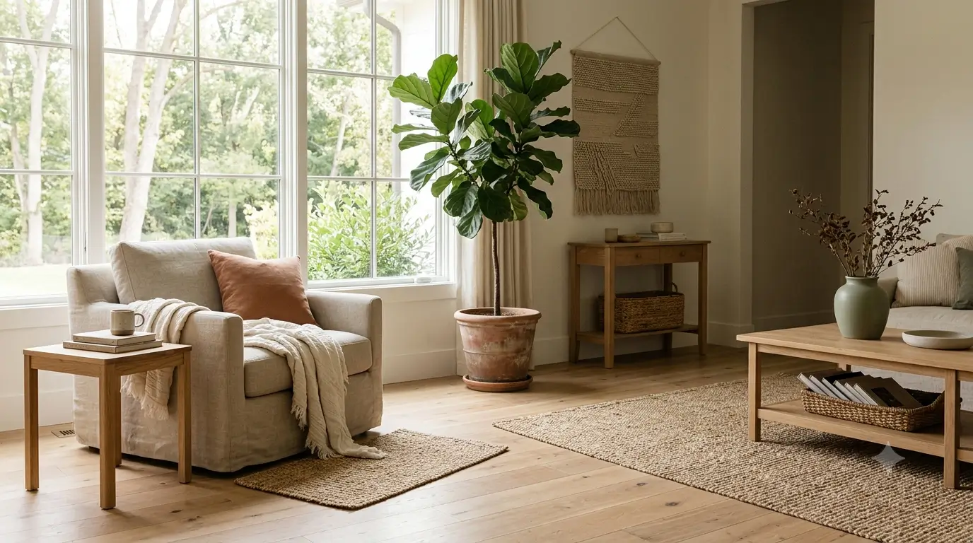 A serene, sunlit living room in soft morning light, with a linen armchair, natural wood, and a plant by a window with greenery beyond.