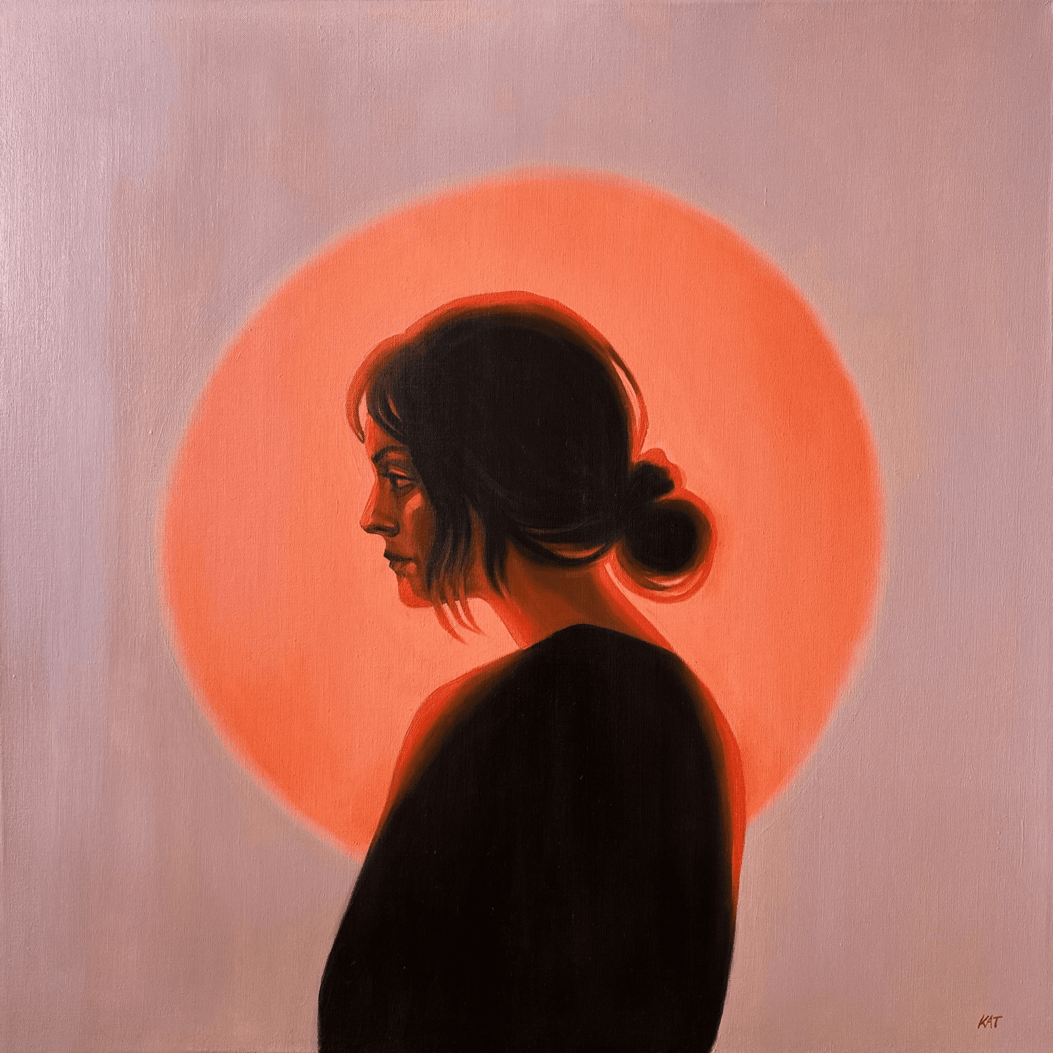 Silhouette of a woman with a hair bun in profile, framed by an orange halo, oil painting — "Summertime Sadness" by Katarzyna Księżopolska
