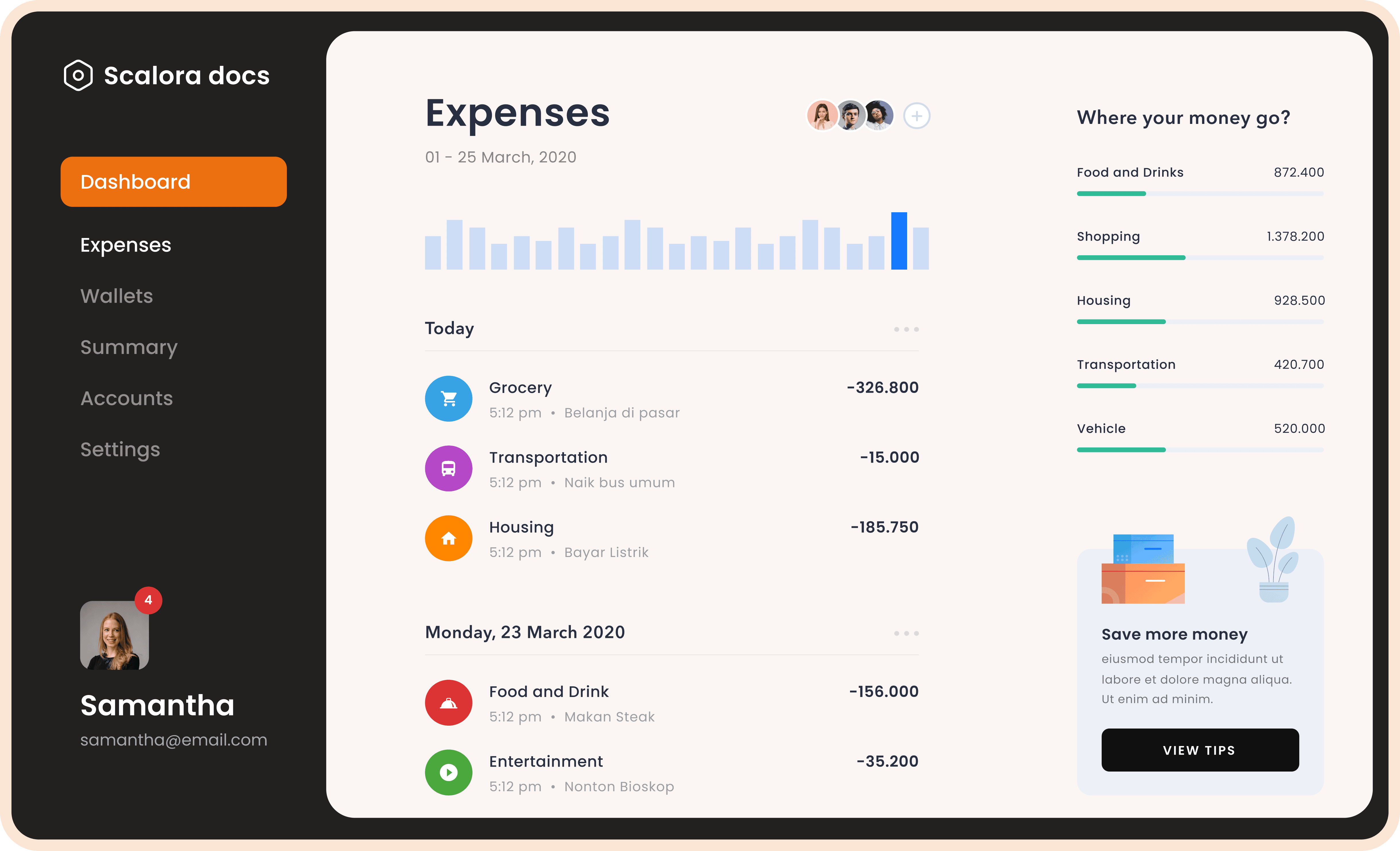 Expense dashboard UI with sidebar navigation and spending analytics cards.
