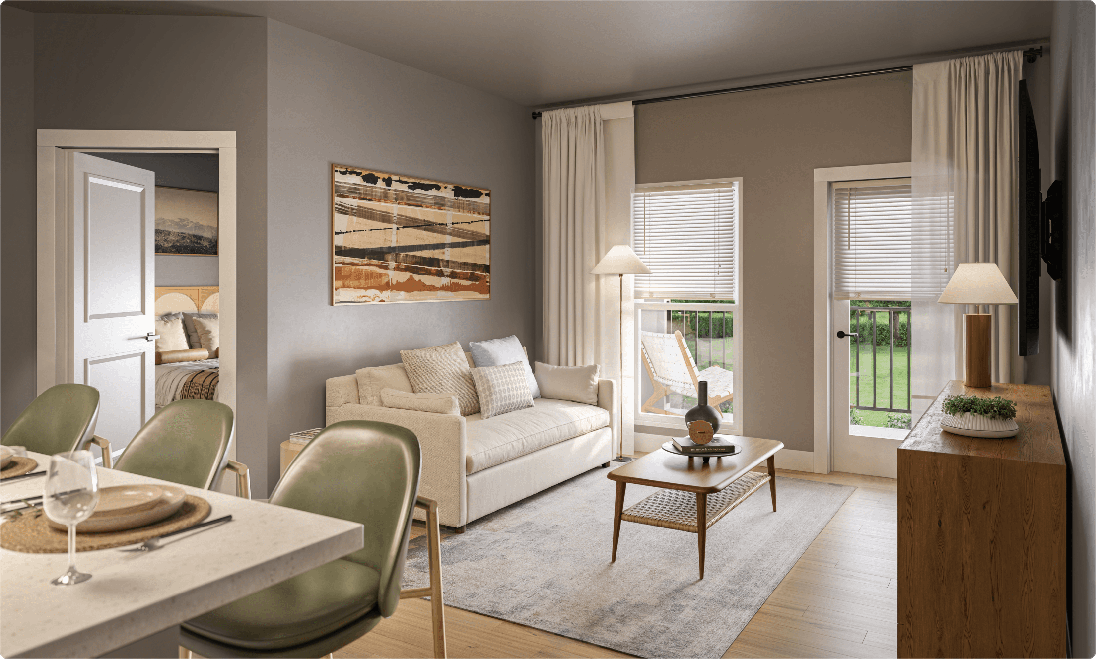 Open-concept living and dining room at Renza with hardwood-style flooring and private balcony access.