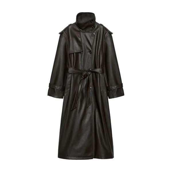 Trench in ecopelle marrone con collo alto