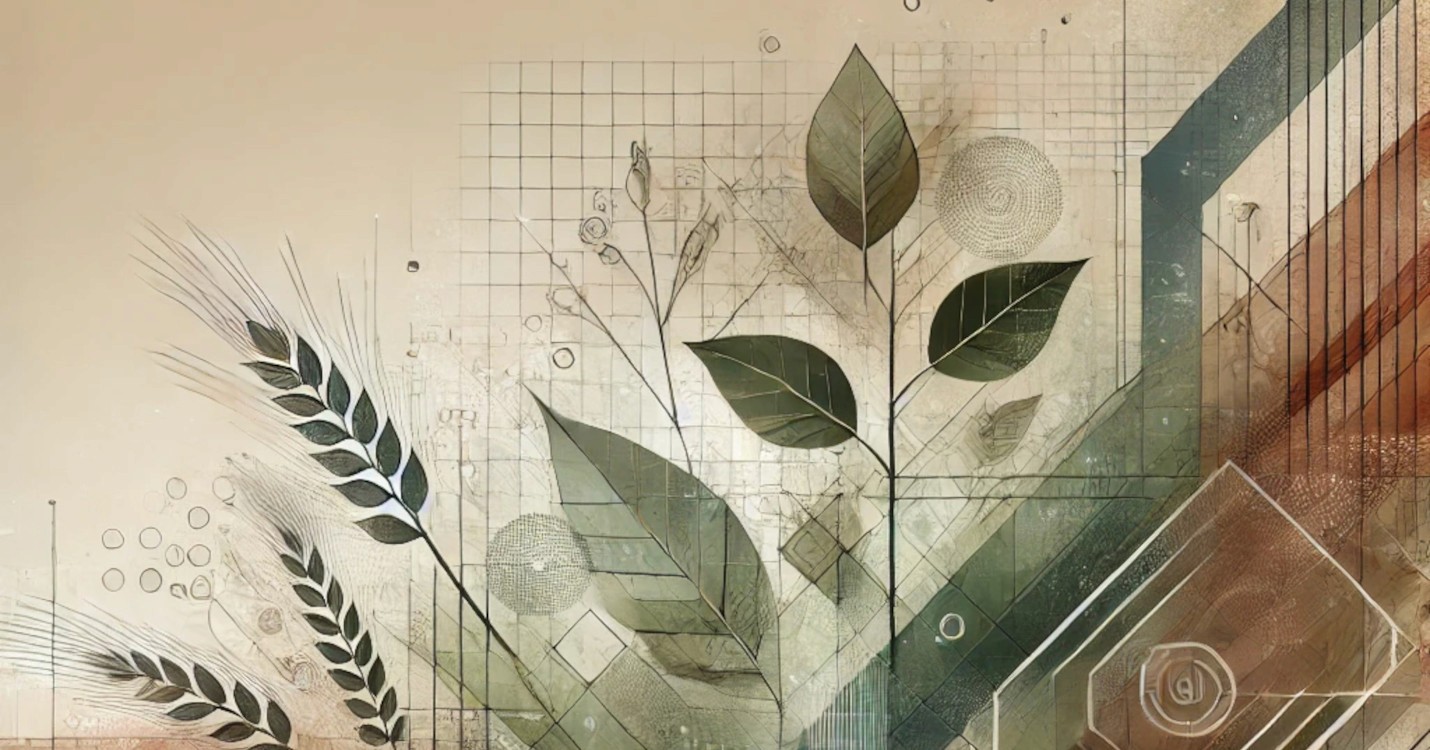 This image features an abstract representation with a focus on elements related to growth and agriculture. Key features include:  Geometric Shapes and Lines: Various geometric patterns and lines create a structured, layered background. Natural Elements: Prominent illustrations of leaves, wheat stalks, and plant motifs, symbolizing growth and nature. Muted Earth Tones: The color palette consists of soft, muted greens, browns, and beiges, creating a harmonious and natural feel. Textural Details: Subtle textures and grid patterns are integrated into the design, adding depth and complexity. Organic Integration: The natural elements and geometric shapes are seamlessly blended, suggesting a balance between nature and structure. The overall feel of the image is modern, natural, and professional, suitable for themes related to agriculture, sustainability, or growth.