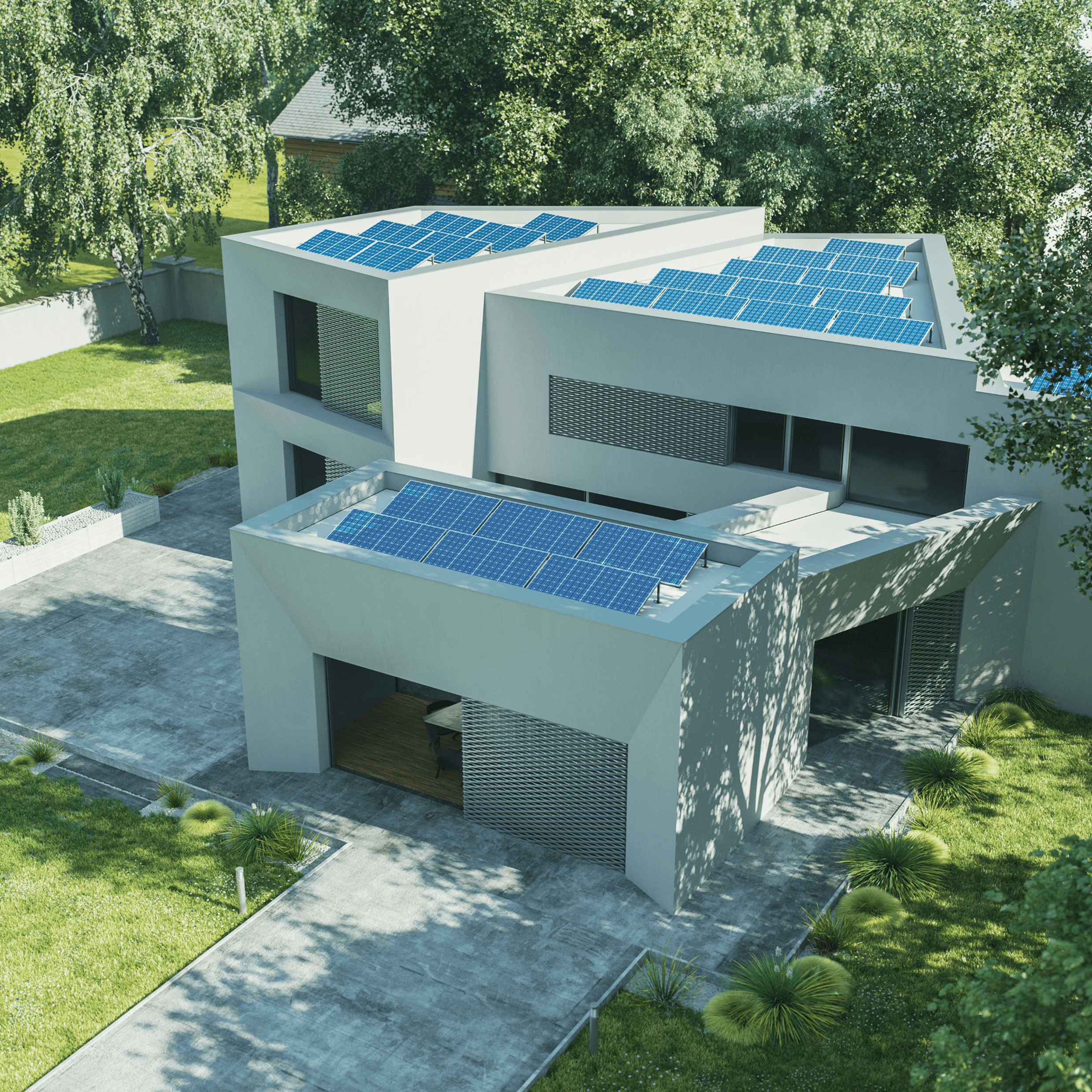 Modern house with solar panels on the roof
