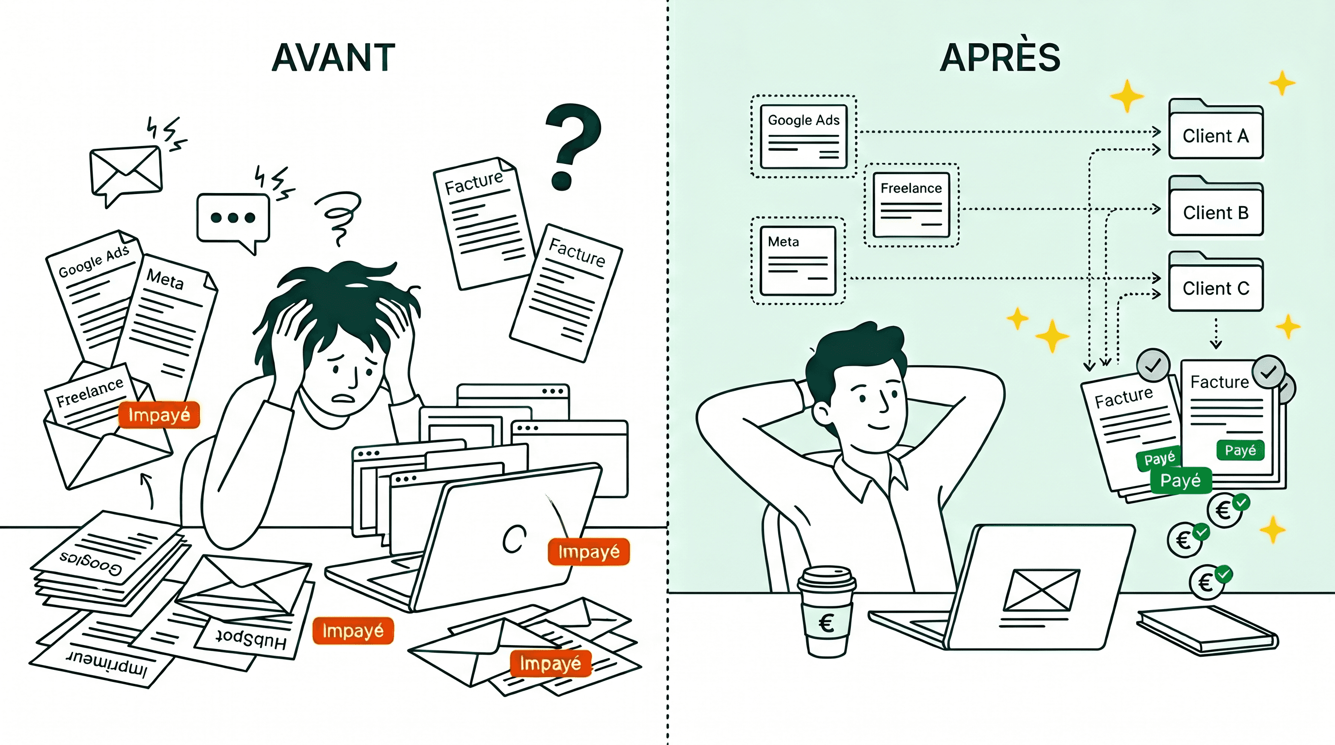Avant/après d'une agence marketing : à gauche un fondateur stressé noyé sous les factures fournisseurs, à droite les factures sont rattachées à chaque client et les paiements rentrent