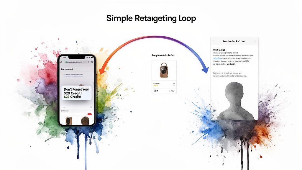 A simple retargeting loop showing a mobile notification offering a $20 credit for an abandoned cart.