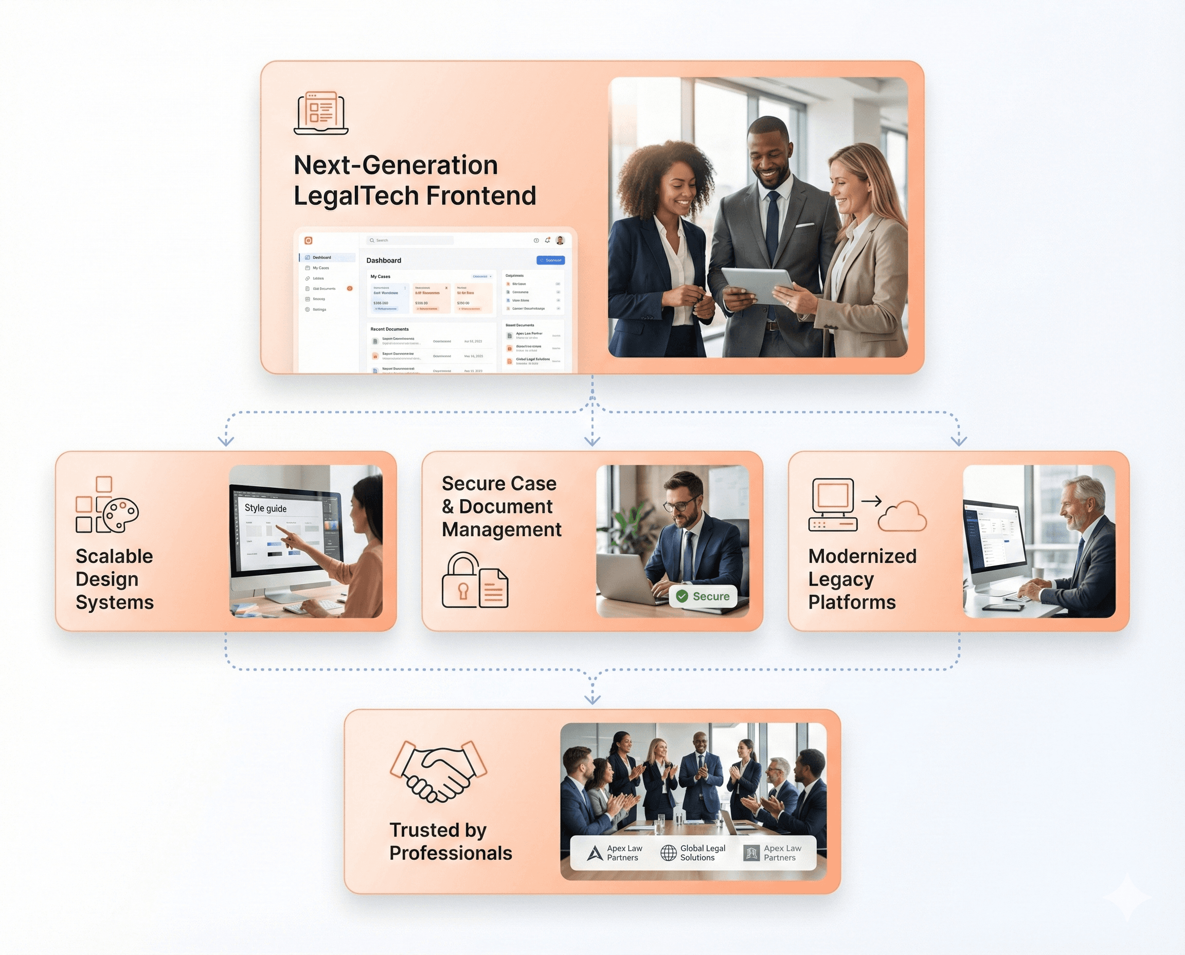 Modern LegalTech frontend highlighting scalable design systems, secure case and document management, and modernization of legacy legal software trusted by law firms.