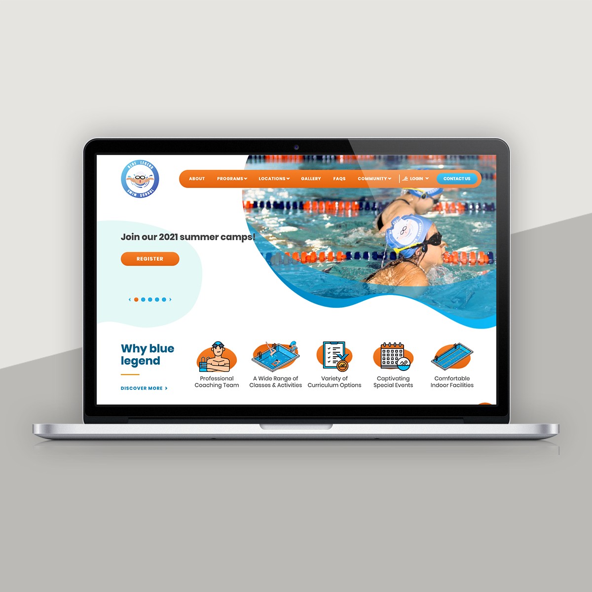 Laptop showing Blue Legend Swim School homepage with swimmer and website features.