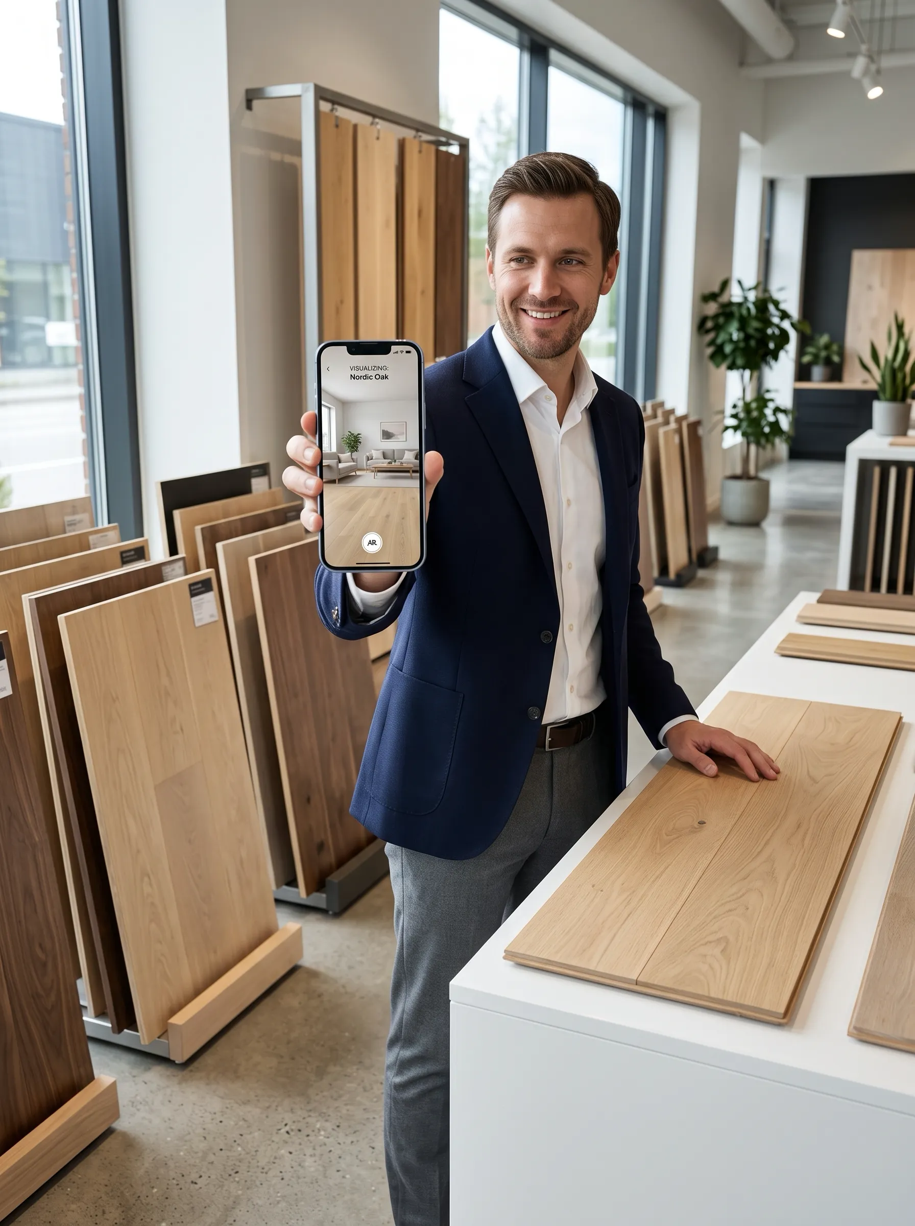 Showroom consultant presenting an augmented-reality flooring preview on a smartphone