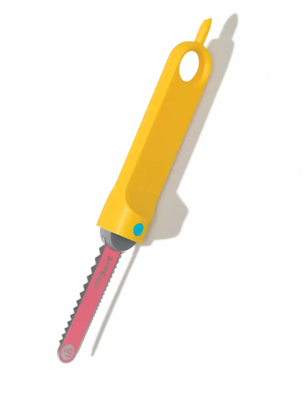 A vibrant yellow, child-friendly 3D rendered saw for safely cutting cardboard, perfect for educational toys and creative activities in product development for children's crafting tools.