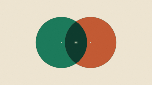 Bold abstract poster of two large circles, emerald and clay, breathing together on a cream field into a shared deep-green overlap lens with a bright spark at its heart — agency and production partner connecting. Raised Media Co.