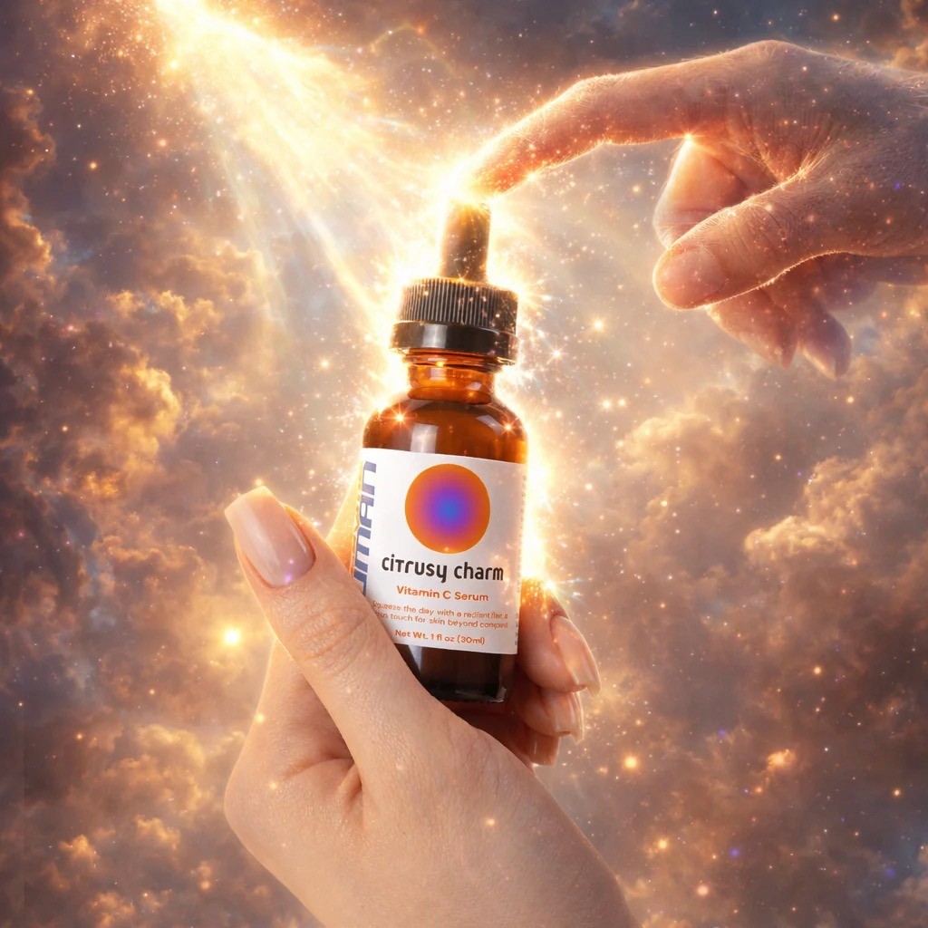 A hand holding a brown bottle of "Citrusy Charm Vitamin C Serum" with a glowing light and celestial background, creating a magical atmosphere.