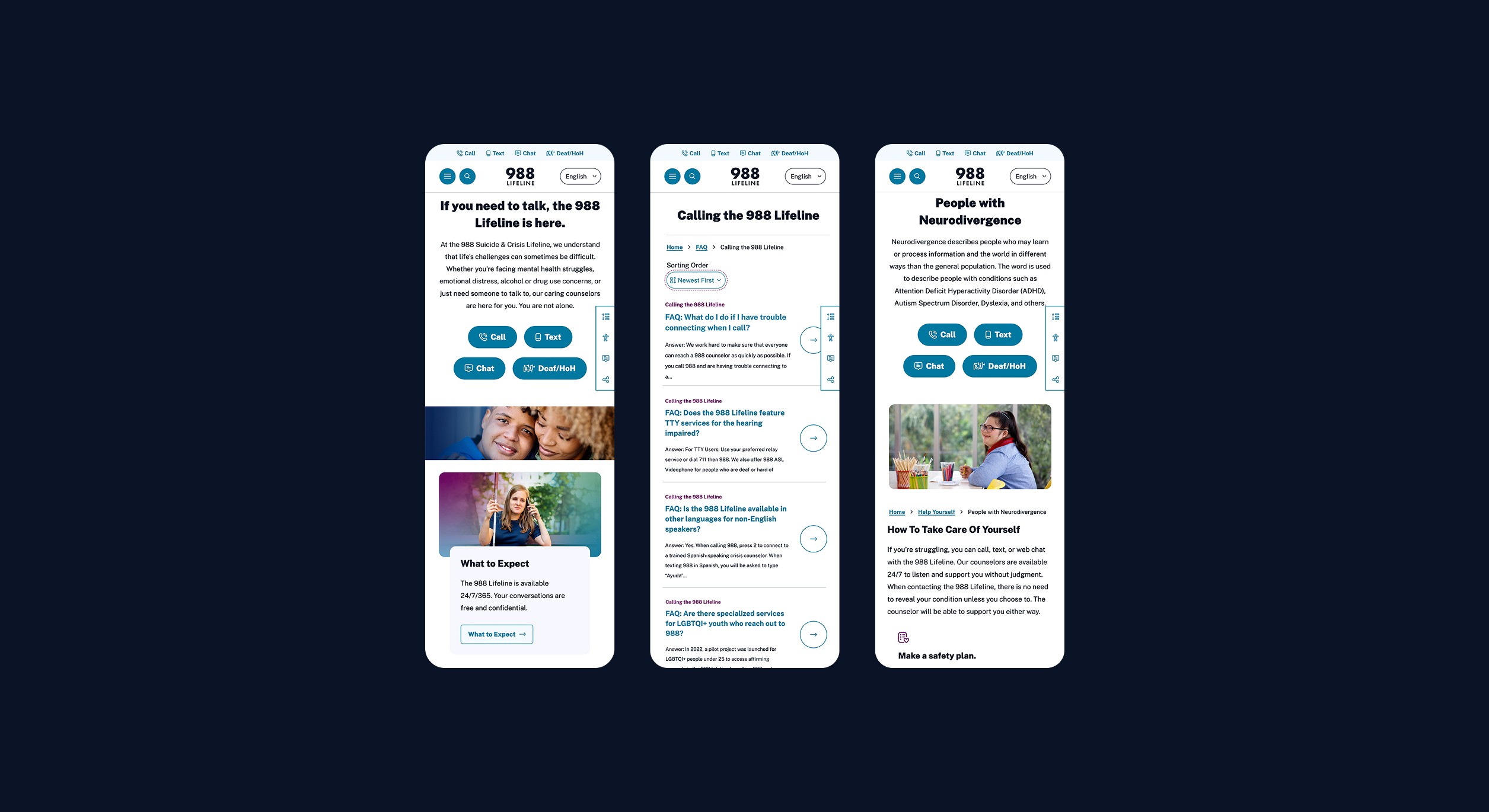 Three side by side mobile view mockups showing the homepage, FAQ list and a demographic page.