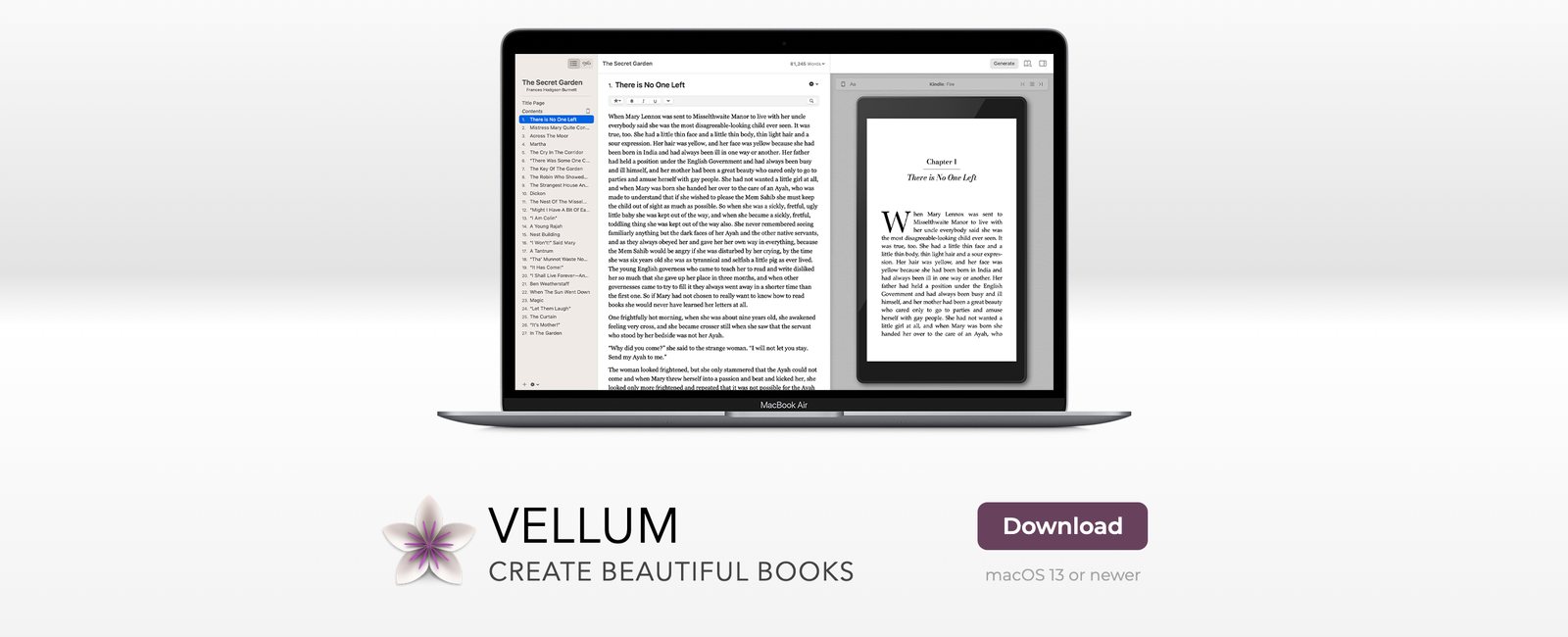 The Vellum home page, with a MacBook showing the Vellum editor and a Kindle preview, the tagline Create beautiful books and a Download button marked macOS 13 or newer