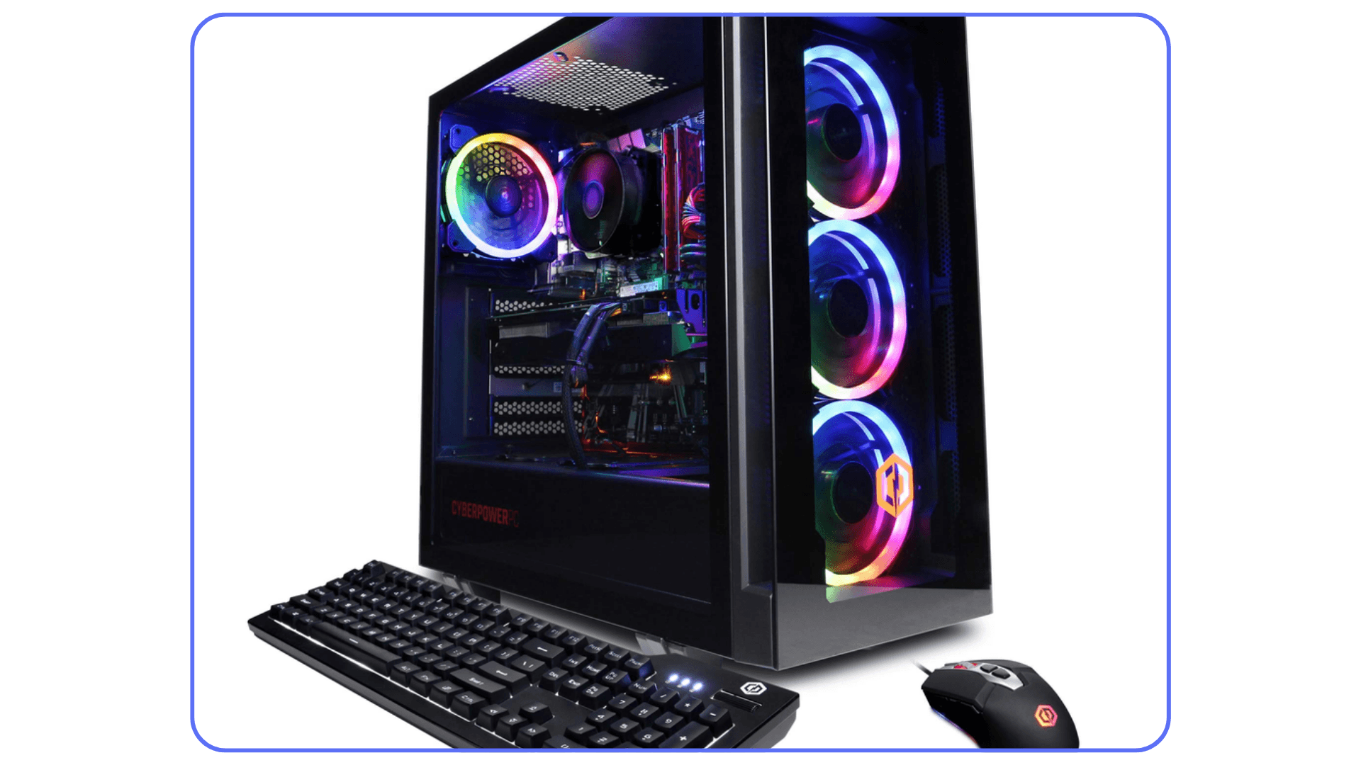CyberPowerPC Gamer Xtreme desktop with RGB fans, keyboard, and mouse set