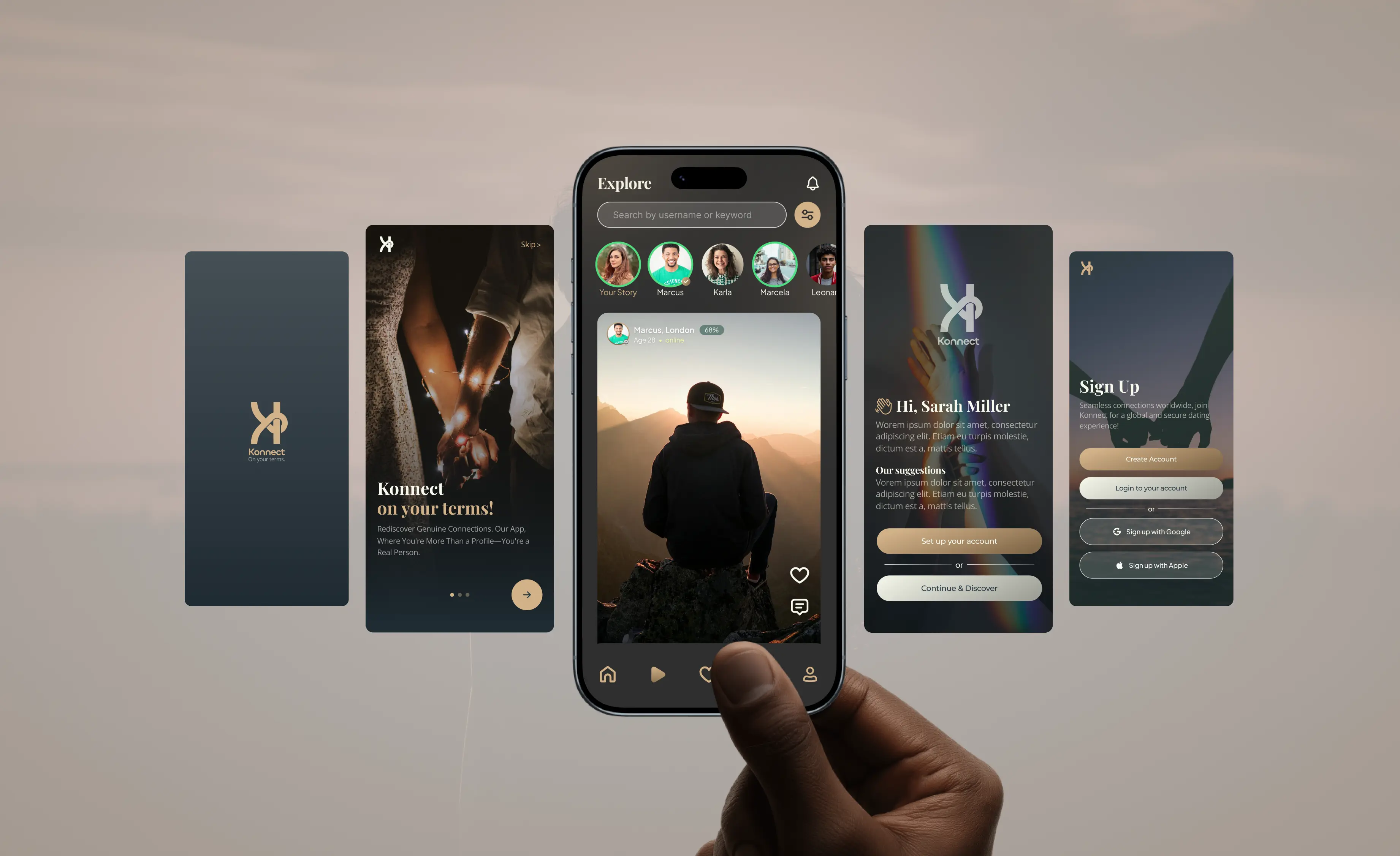 Konnect onboarding and mobile product screens for safer dating