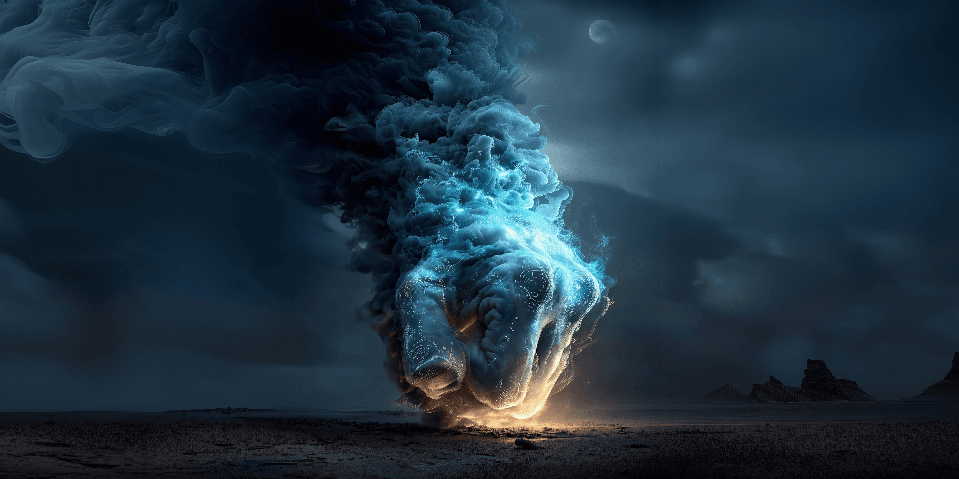 Glowing smoky fist rising from the ground.