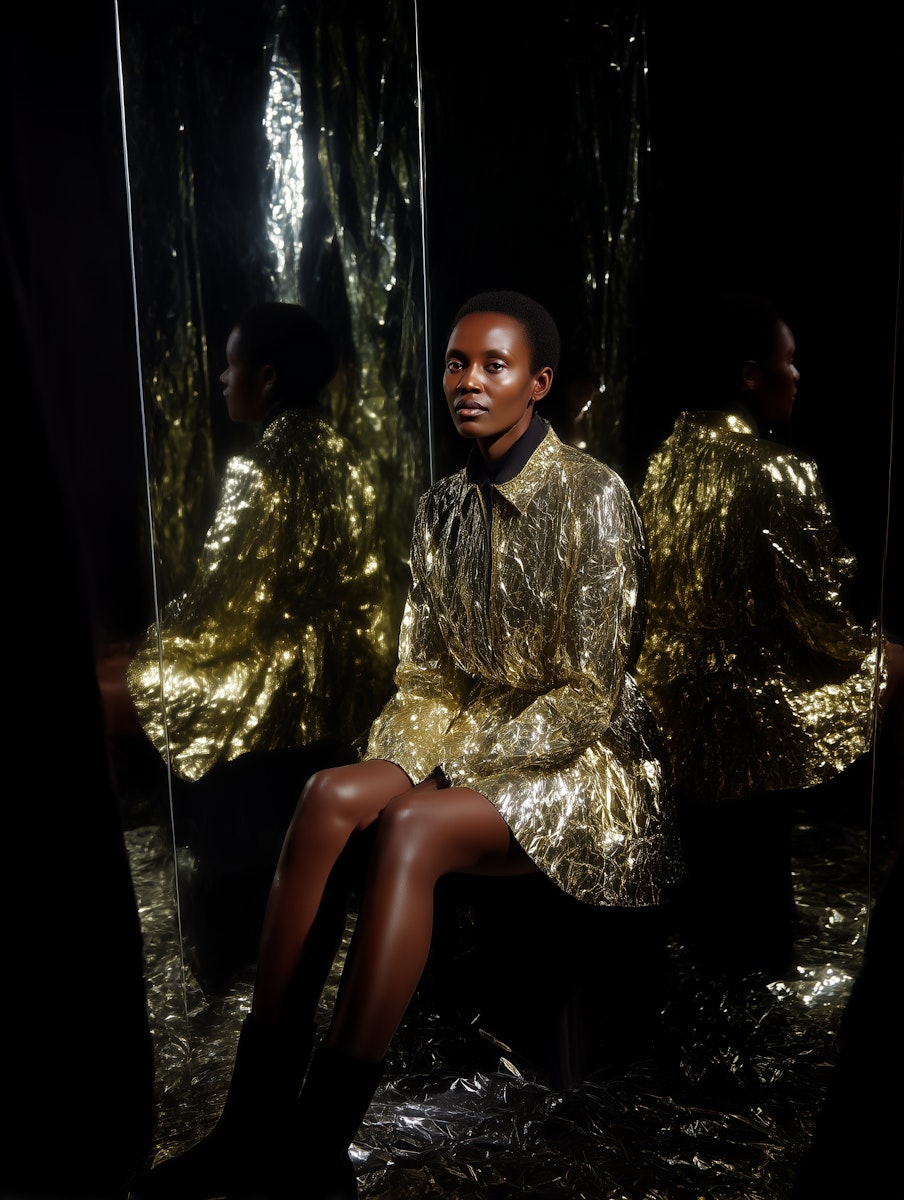 Elegant portrait of a woman in a gold metallic outfit, seated against a reflective background with dynamic light and mirror effects.