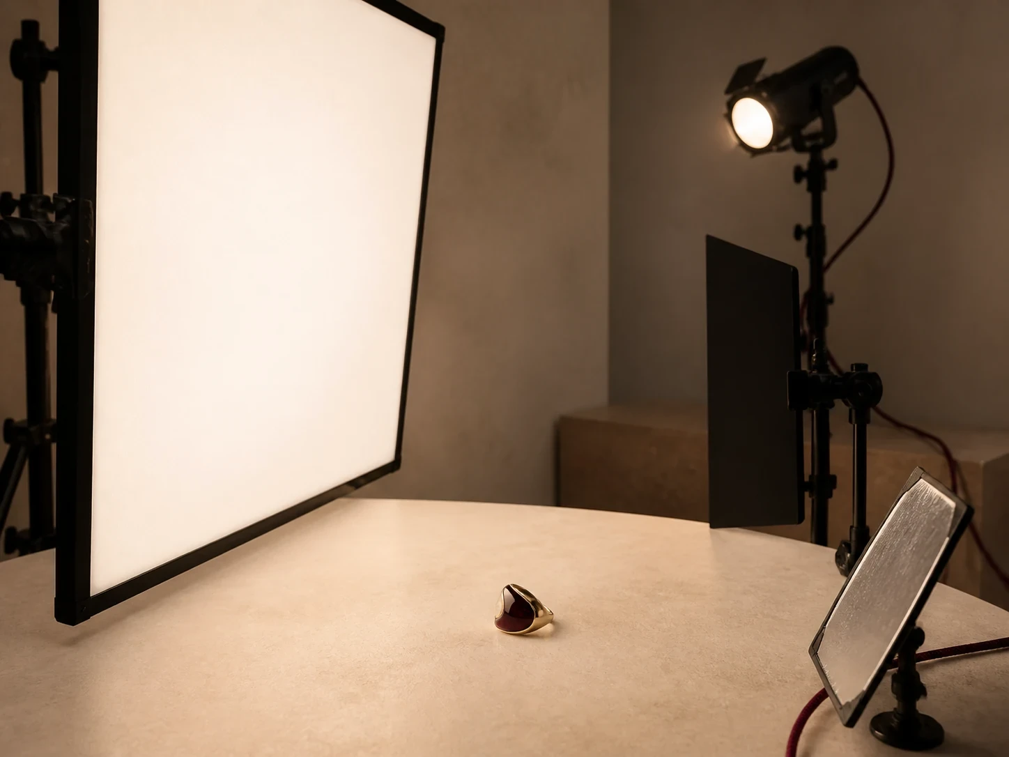 Gold ring in a tabletop studio facing a large diffusion panel with a light, black flag, and reflector