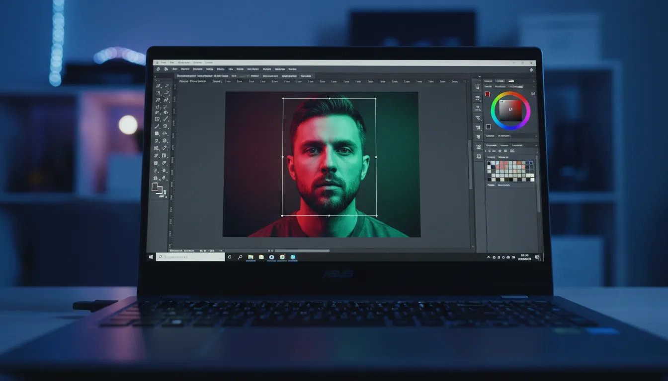 DSLR photo, angled close-up of an open ASUS ZenBook laptop, set in a room with cool, cinematic blue ambient lighting. The screen is in sharp focus, displaying the Adobe Photoshop software interface in modern dark mode. The UI features a vertical toolbar on the left and panels with a color picker on the right. A dramatic portrait of a man with intense, split red and green facial lighting is on the central canvas, selected with a transform bounding box. Shallow depth of field with the keyboard slightly blurred in the foreground and a soft bokeh background.