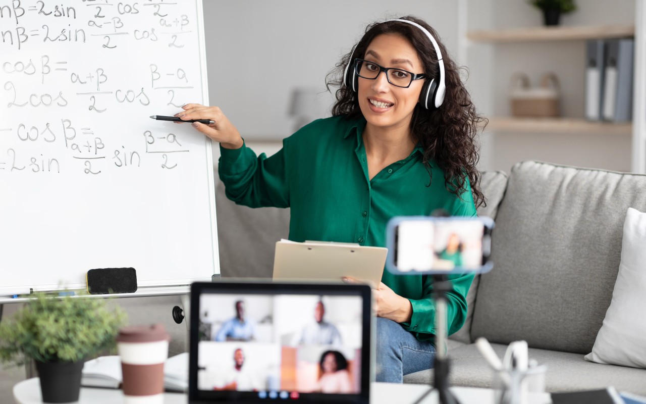 A teacher doing an online video lecture.