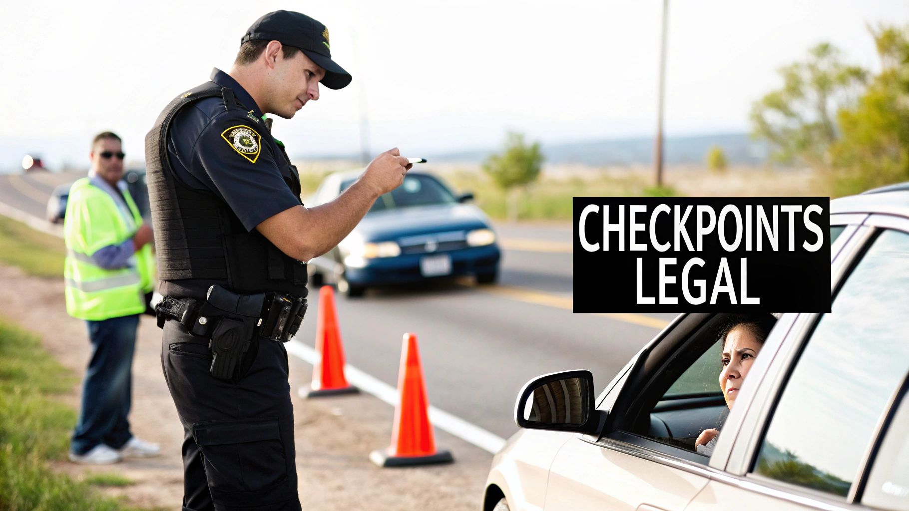 An attorney in a blue suit reviews legal documents with a client in a professional office setting.