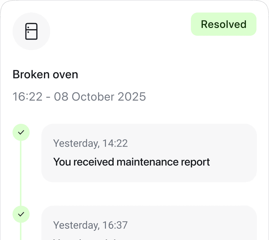 August maintenance log for a broken oven HMO repair, showing a timestamped audit trail of the report, the message to the tenant, and the resolution.
