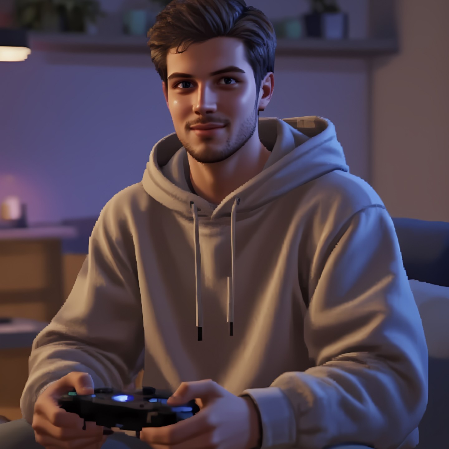 Young man playing video games with a PS2 filter style effect on the screen, holding a PlayStation controller under ambient lighting.