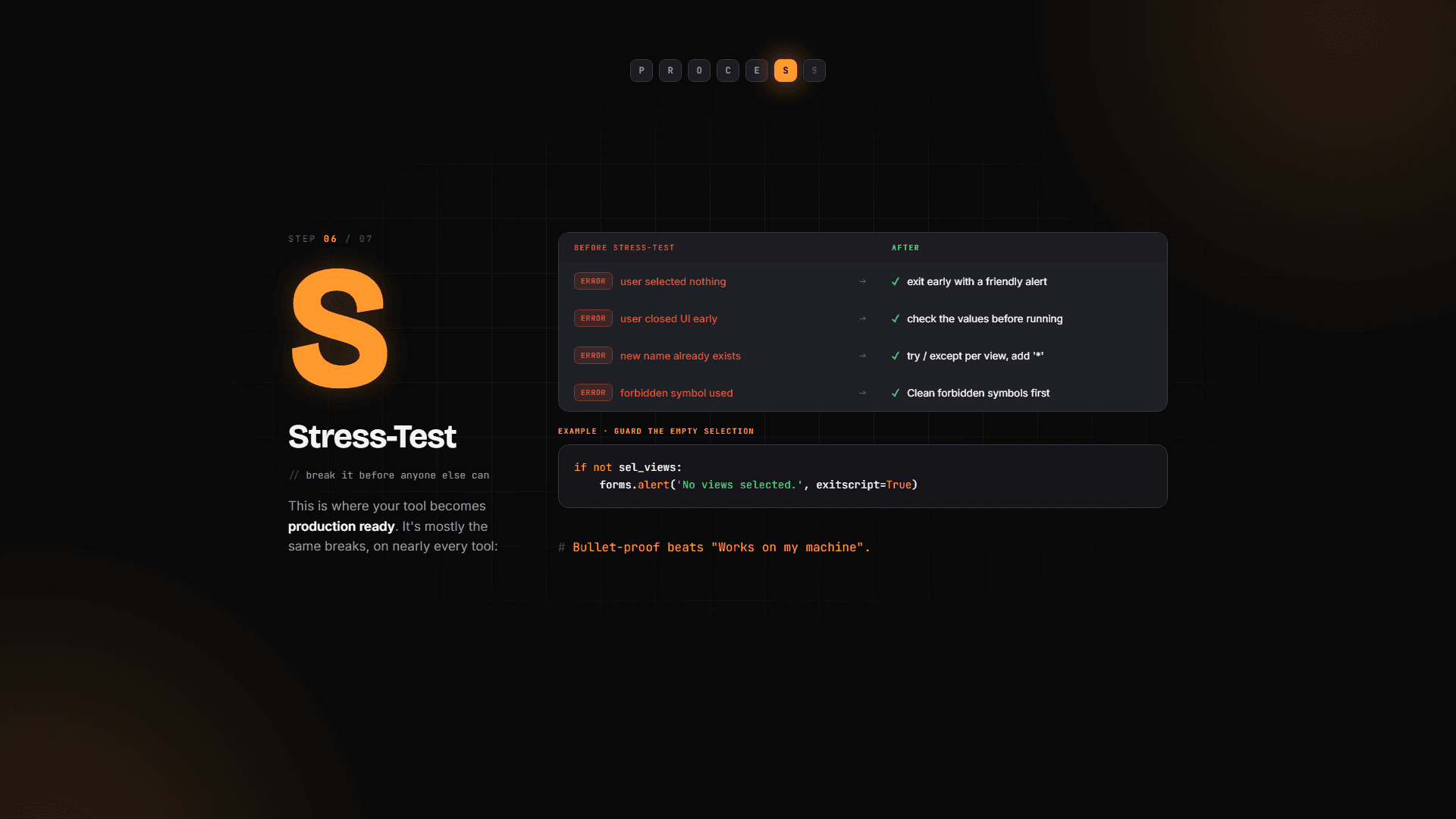 Stress-Test: common errors before and after - user selected nothing, closed UI early, name exists, forbidden symbols