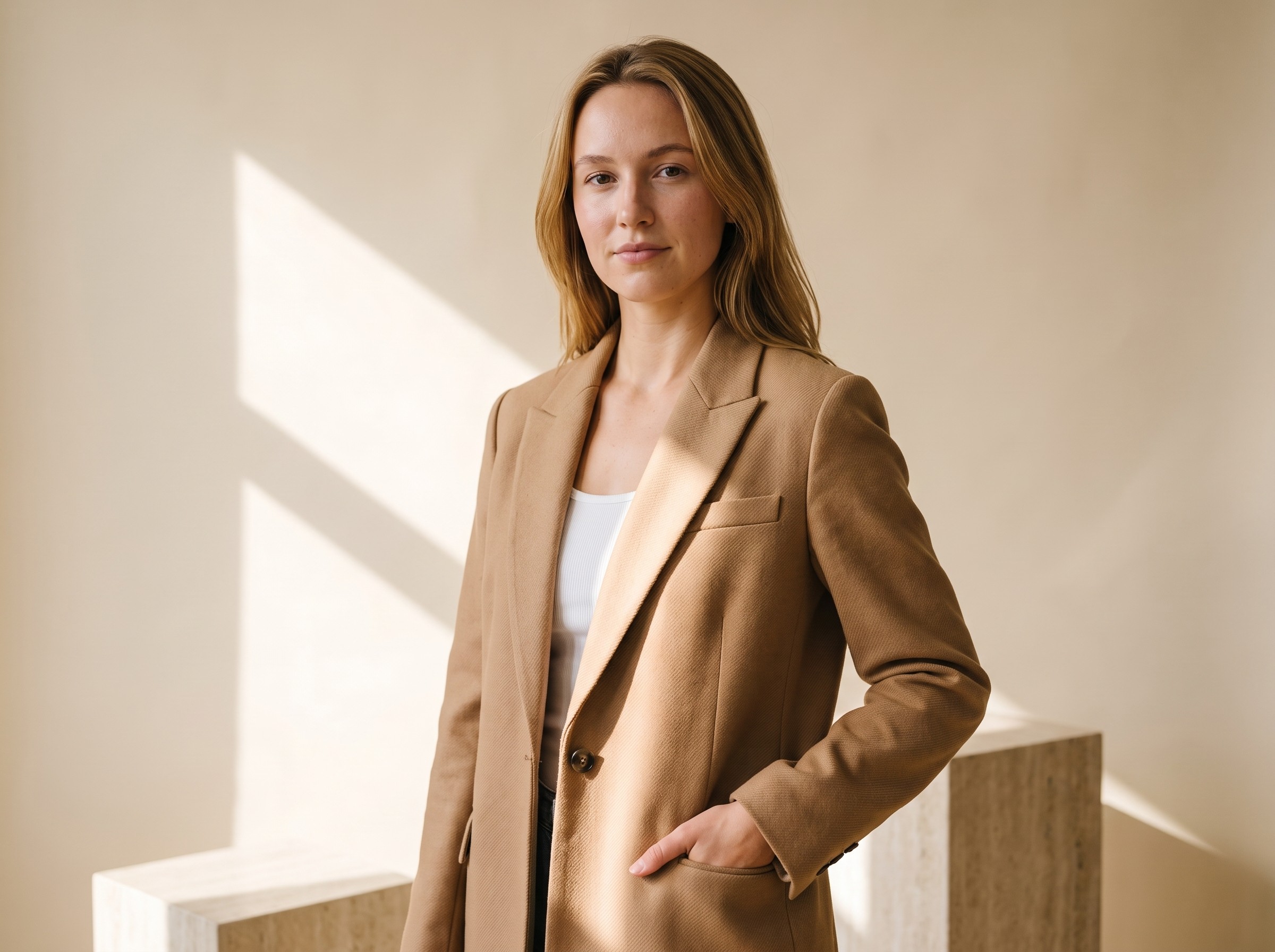 AI model in tailored camel blazer, editorial studio light