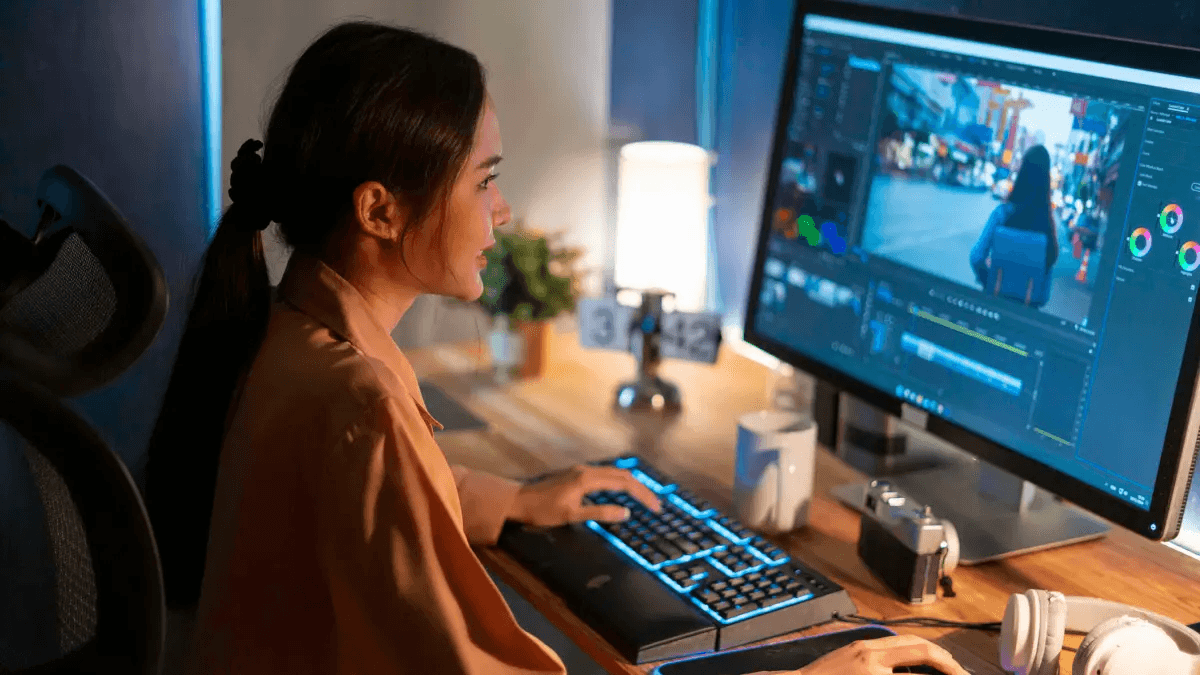 Woman editing video on her computer - Video Clipping for Social Media