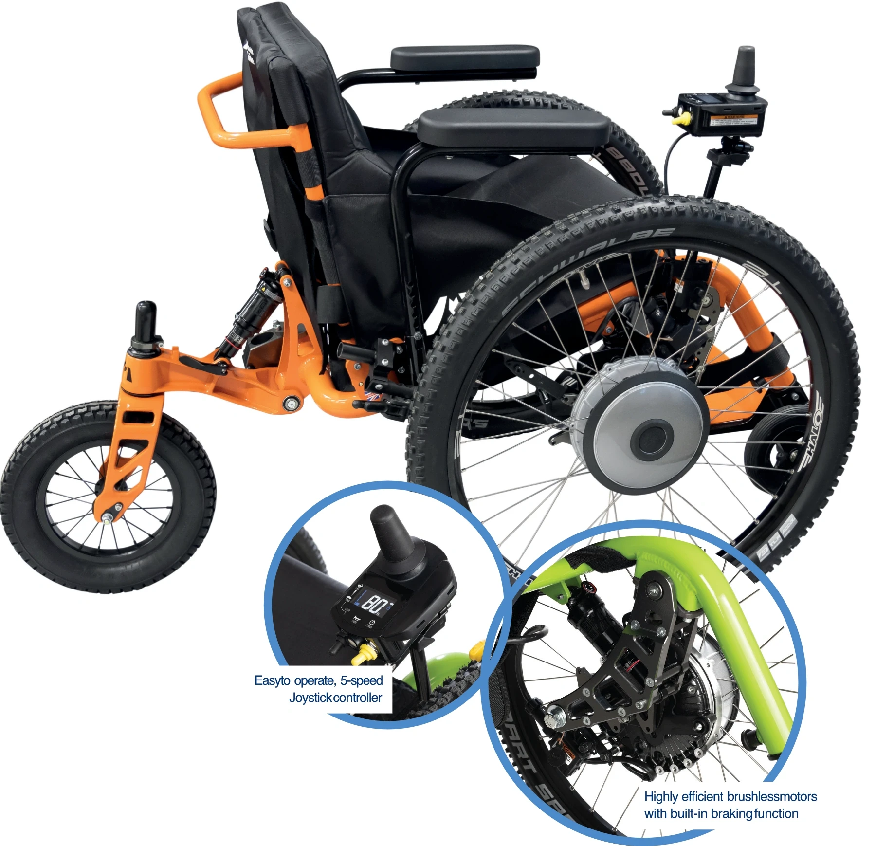 Side view of orange trike with close up images of joystick and wheel motor