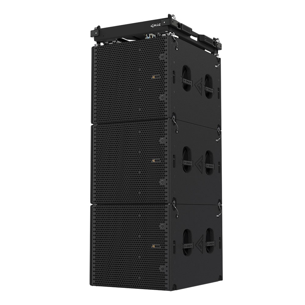 Line array speakers stacked on a rigging frame.