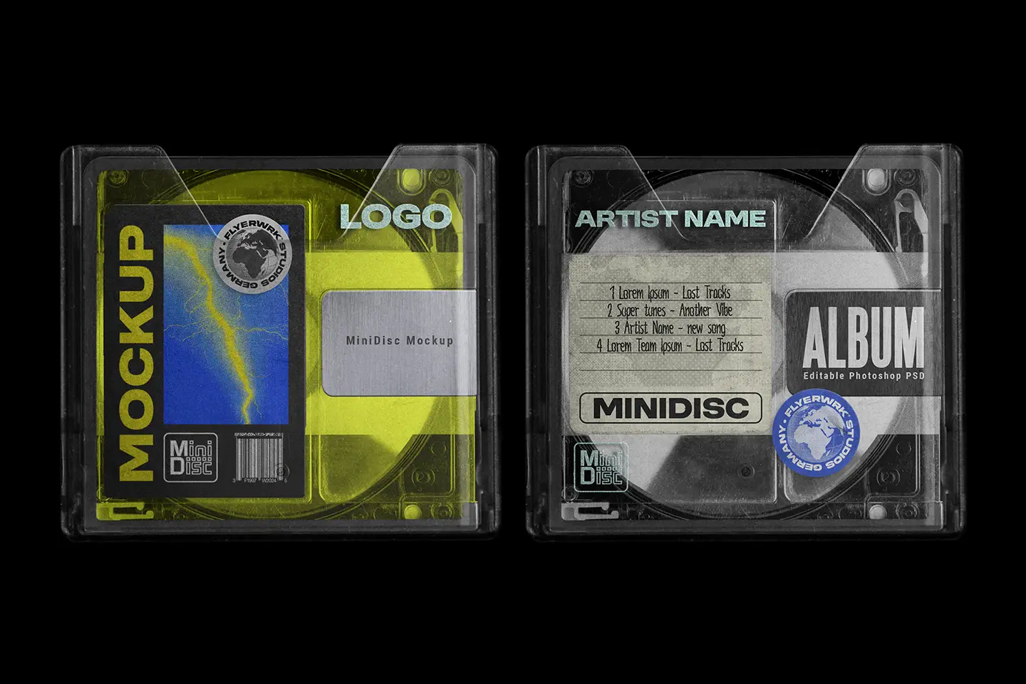 Mini Disc Mockup with customizable album art labels showing neon yellow and classic white paper textures