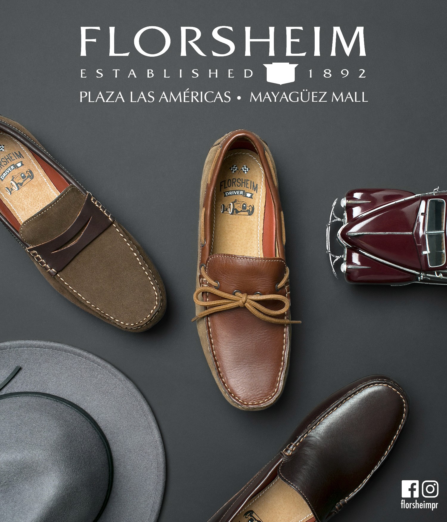 Florsheim ad featuring leather loafers in various styles, paired with a hat and a vintage model car.