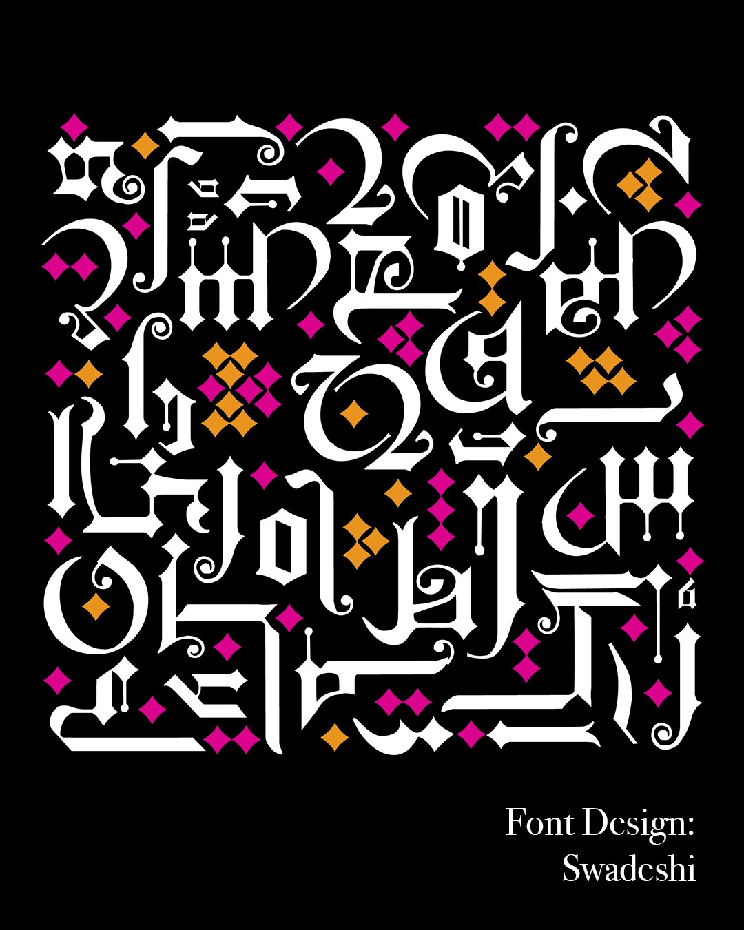 collage of arabic typography against a black background, where some of the dots are pink/orange.