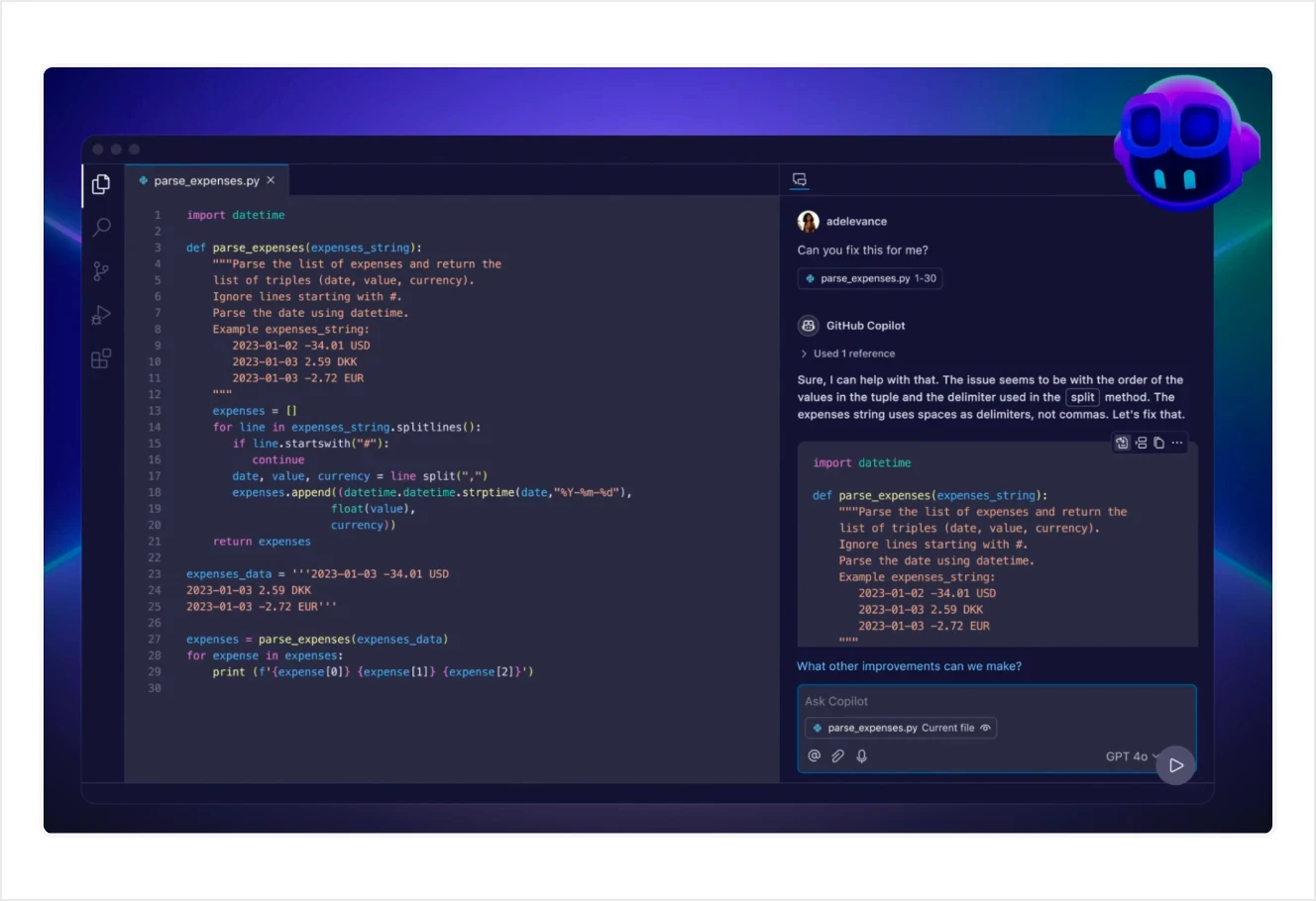 A GitHub Copilot interface assisting with Python code debugging. The code editor displays a function parsing financial expense data.