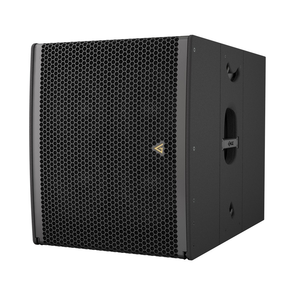 Black loudspeaker with honeycomb grill and logo.