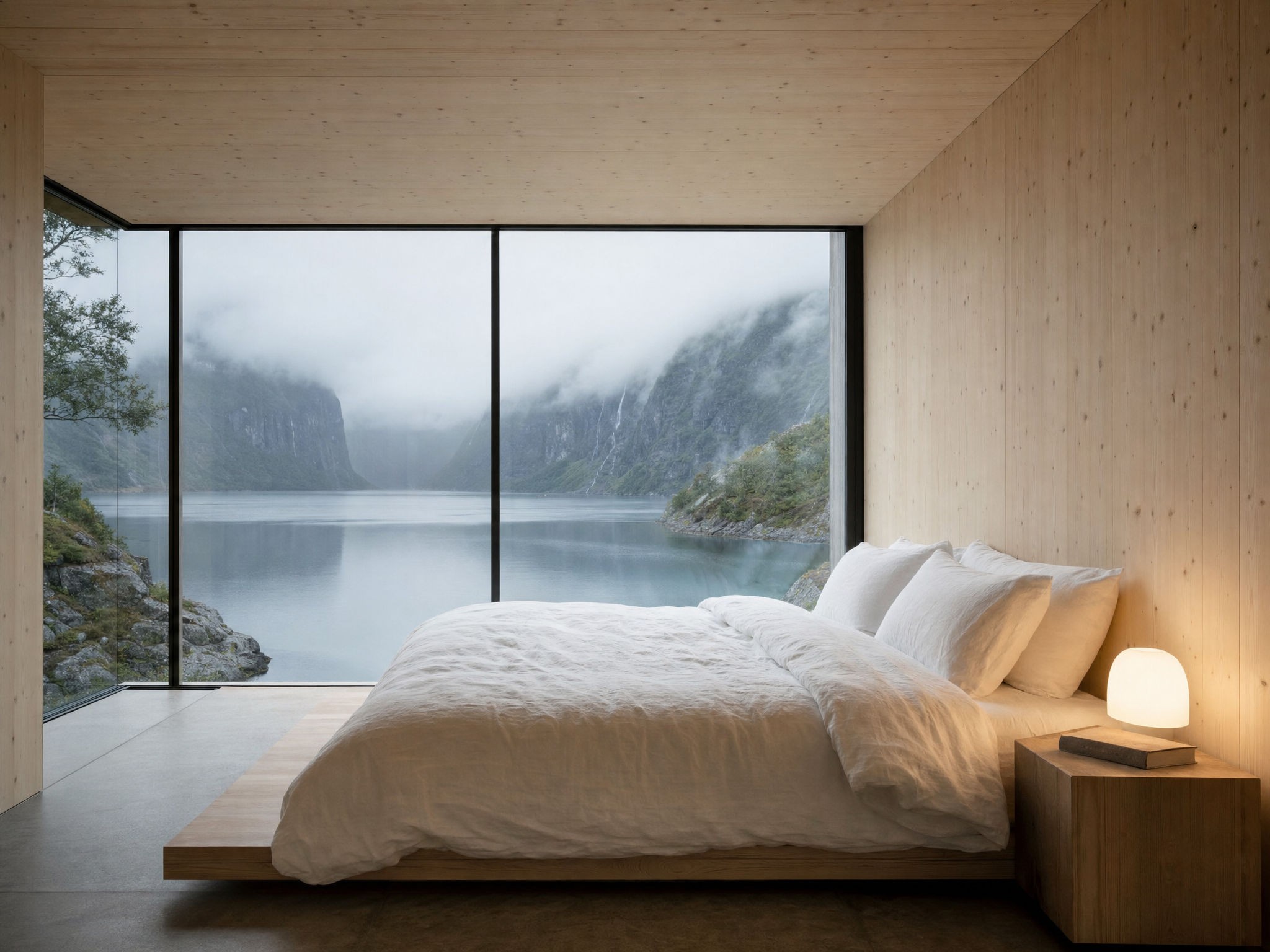 Interior of a timber cabin with a calm seating corner