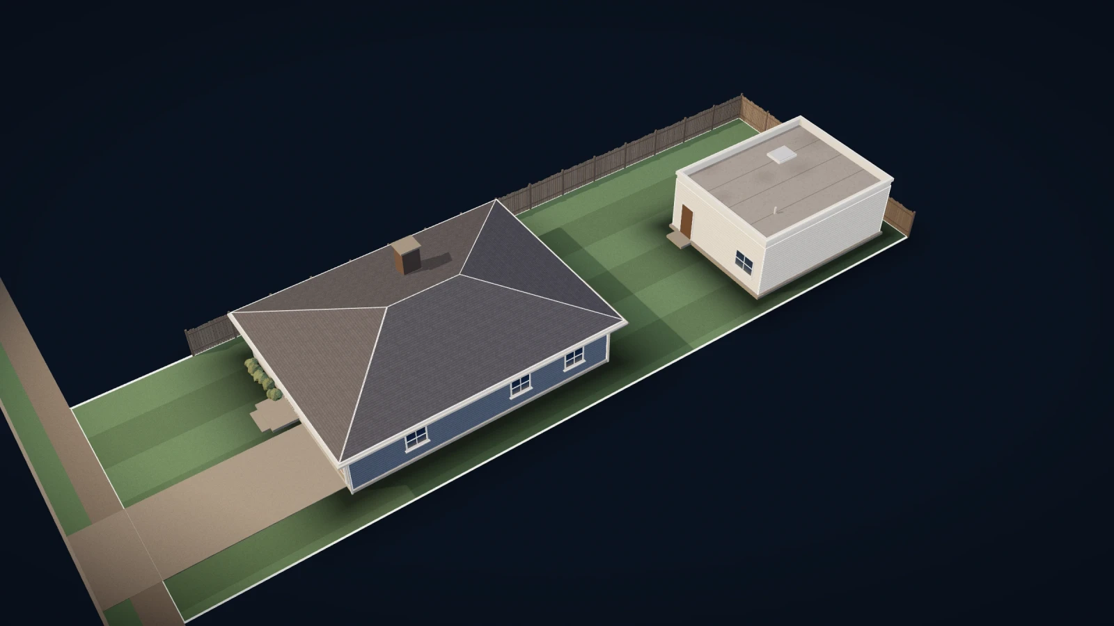 An example lot with an 1,800 sq ft house in front and an 800 sq ft cottage in the backyard