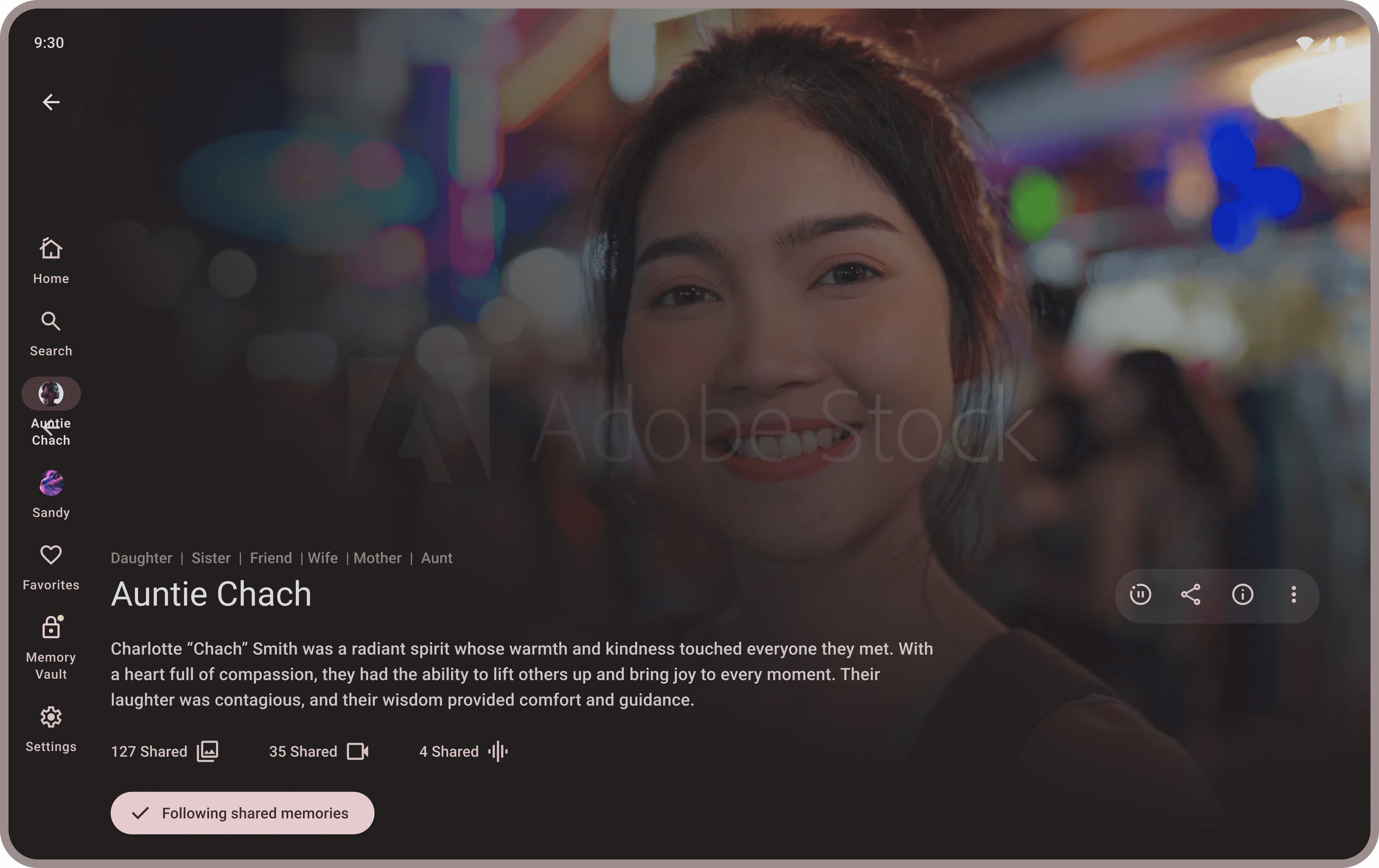 Digital wireframes for the Remembrance app featuring high-fidelity elements like photos, audio players, and a candle-lit login screen on a dark UI.