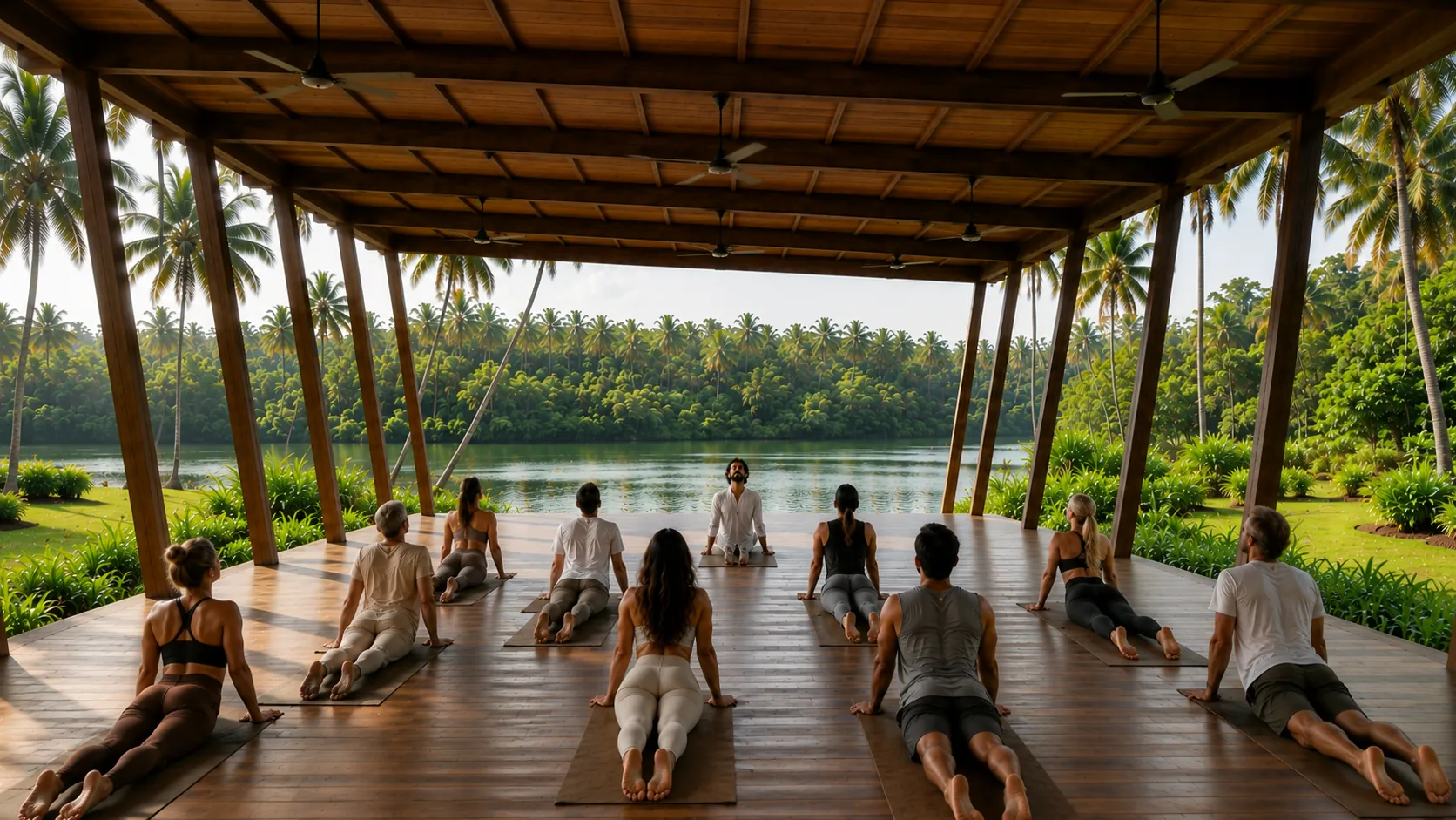 Group practice in the riverside shala at Jaali River Sanctuary
