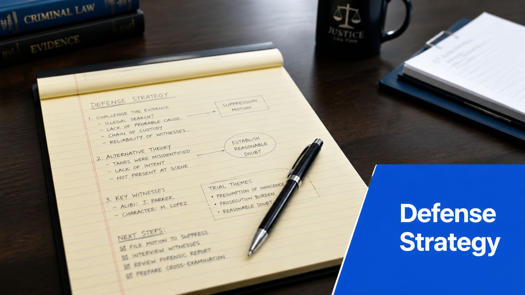 A legal notepad showing a handwritten defense strategy plan for a court case on a desk.